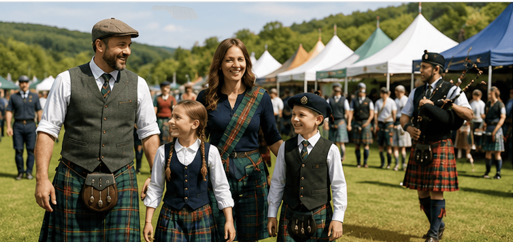 Scottish clan tents with tartans and banners at a New England Highland Games